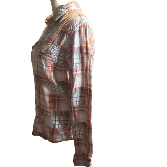 Guess Western Slim Fit Plaid Shirt, Orange and Gray Pearl Snaps, Women's Small - Picture 5 of 8